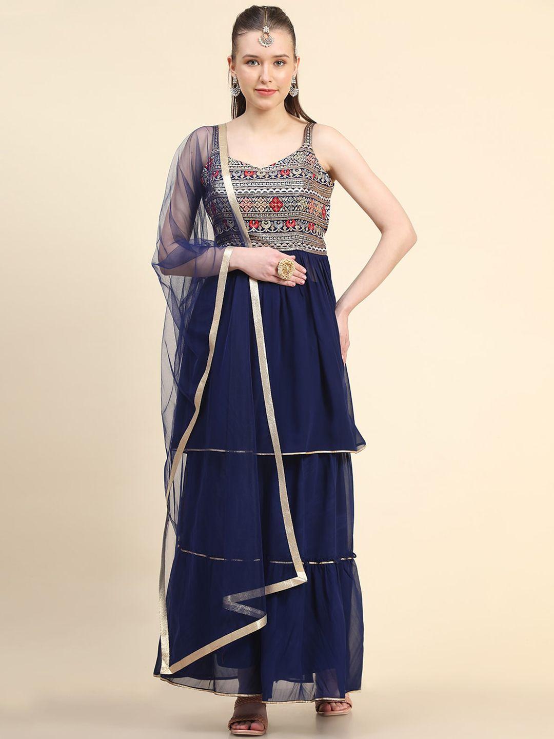 black scissor ethnic motifs embroidered thread work a-line kurta & sharara with dupatta