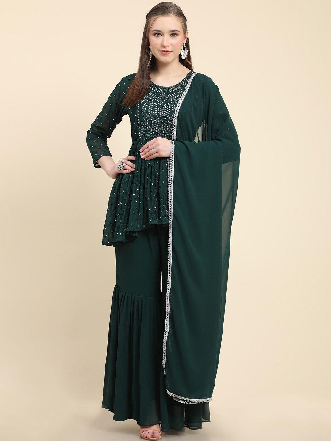 black scissor ethnic motifs embroidered a-line kurti & sharara with dupatta