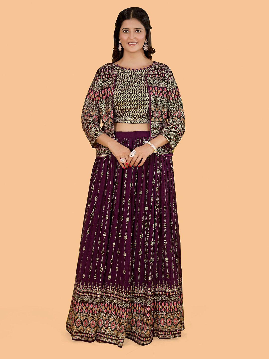 chansi burgundy & gold-toned embroidered sequinned foil print ready to wear lehenga &