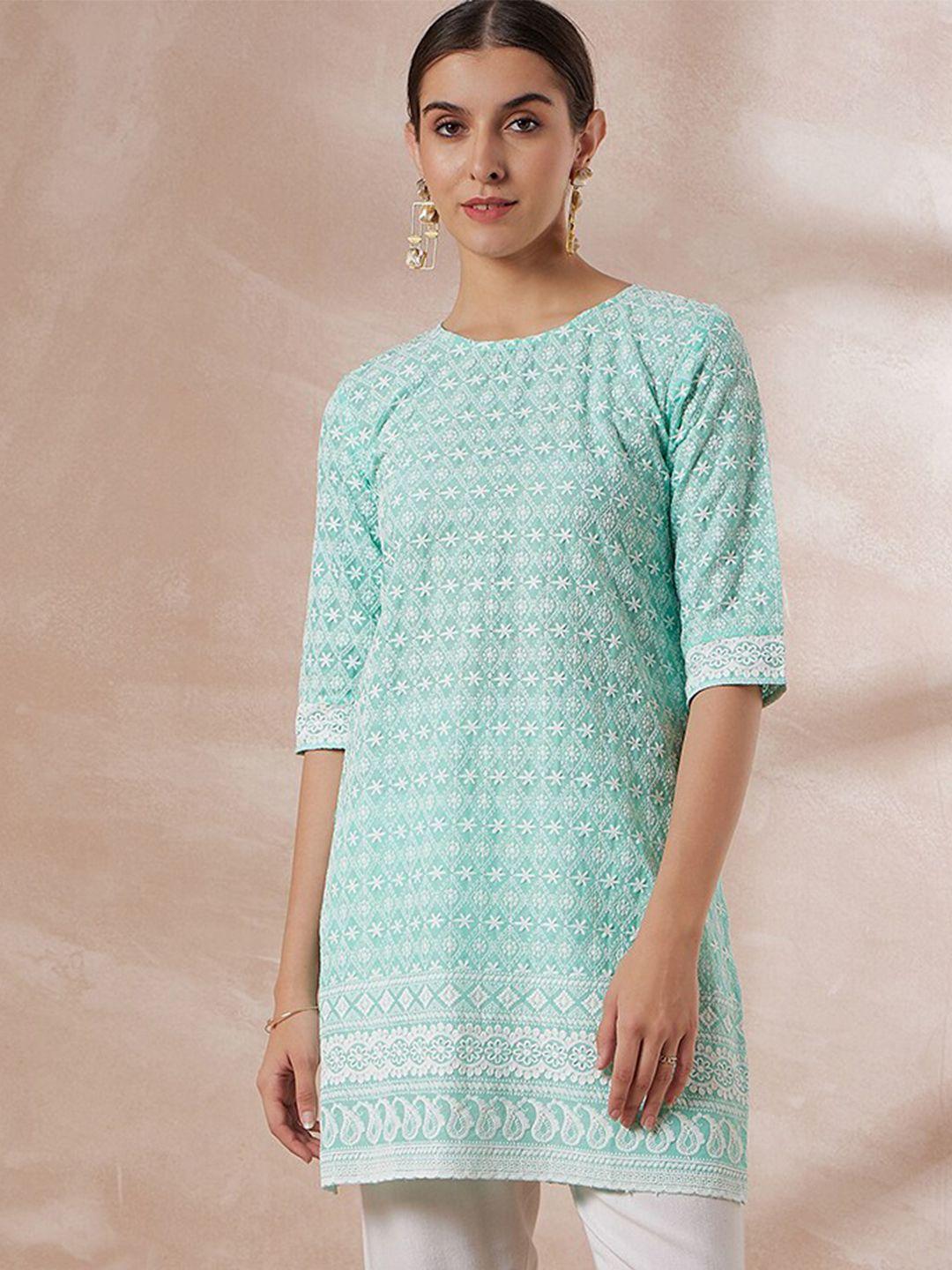 all about you sea green & white ethnic motifs embroidered pure cotton chikankari kurti