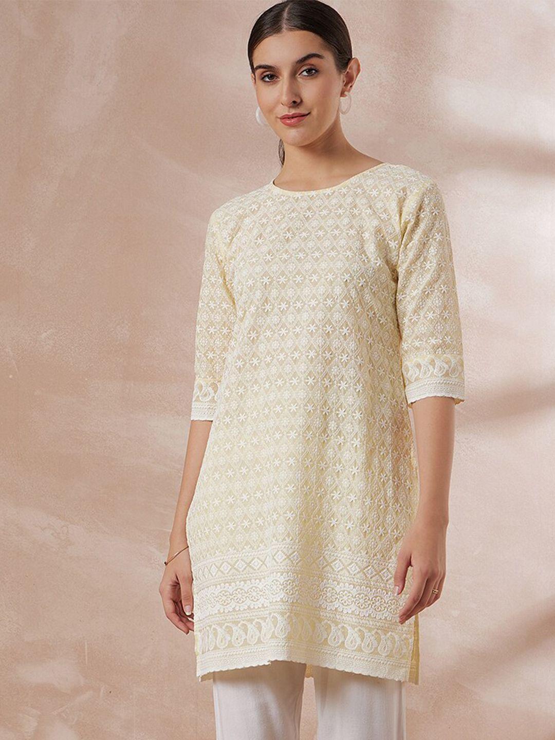 all about you yellow ethnic motifs embroidered pure cotton chikankari kurti