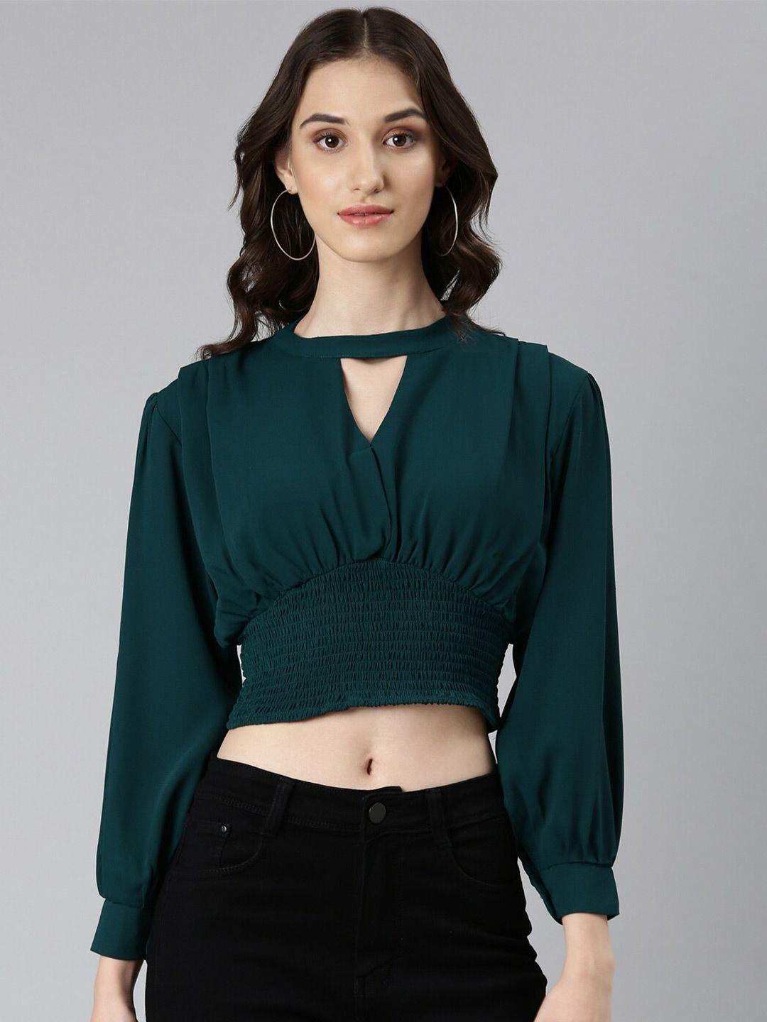 showoff keyhole neck cuffed sleeves smocked empire crop top