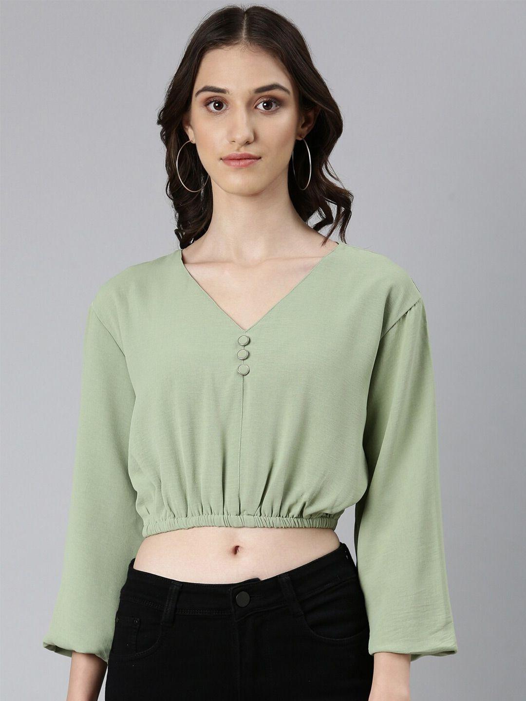 showoff flared sleeve crepe blouson crop top