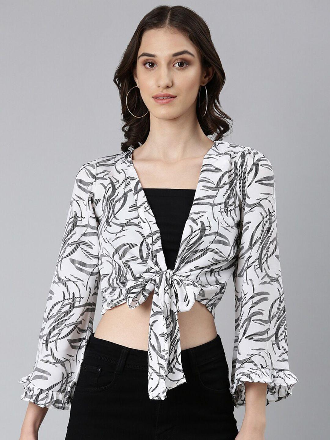 showoff abstract printed flared sleeves tie-ups wrap crop top