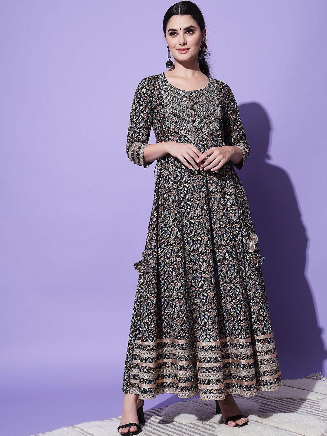 aayumi floral printed mirror work cotton maxi ethnic dress