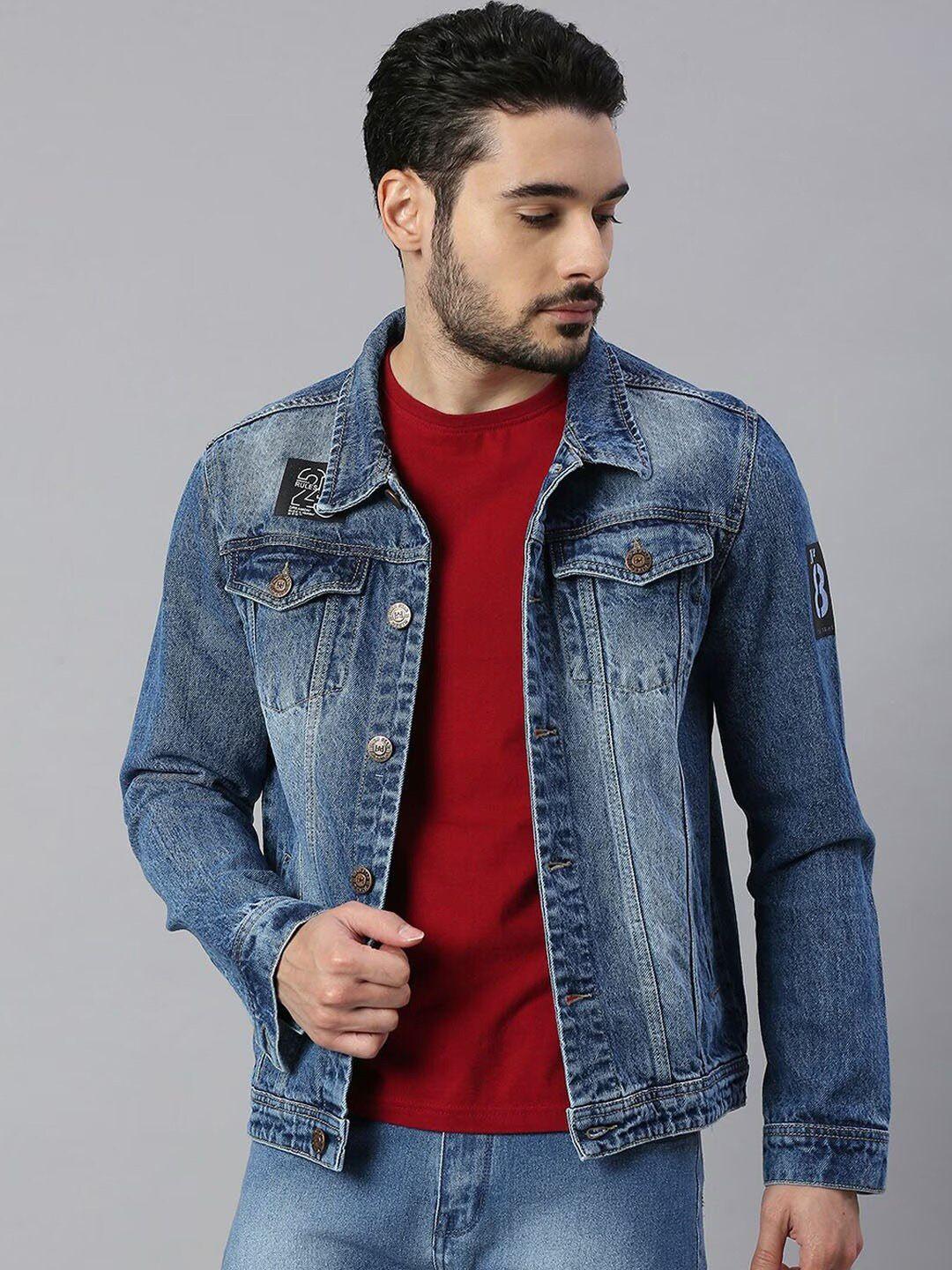 high star men blue washed colourblocked crop outdoor denim jacket with patchwork