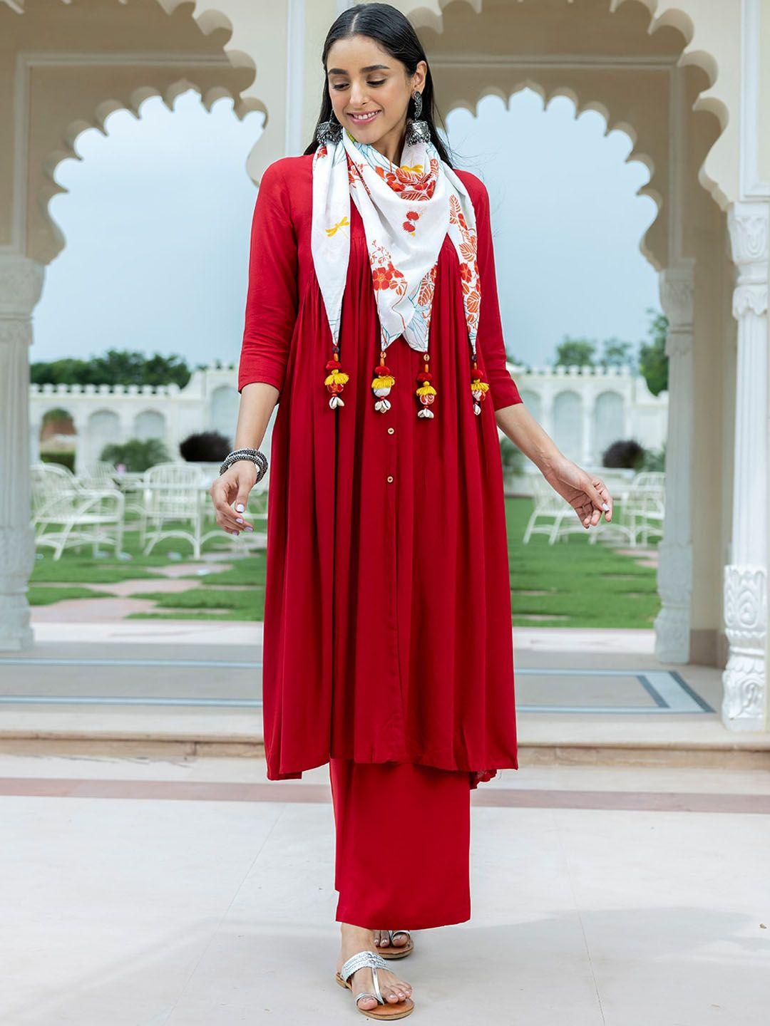 janasya v-neck flared a-line kurta with palazzos & with dupatta