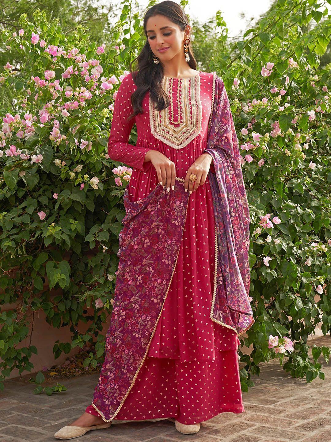 janasya ethnic motifs printed kurta & palazzos with dupatta