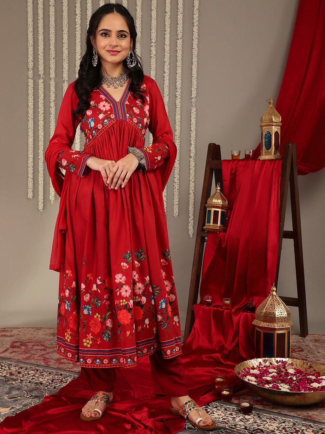 varanga floral printed v-neck empire a-line kurta & trousers with dupatta