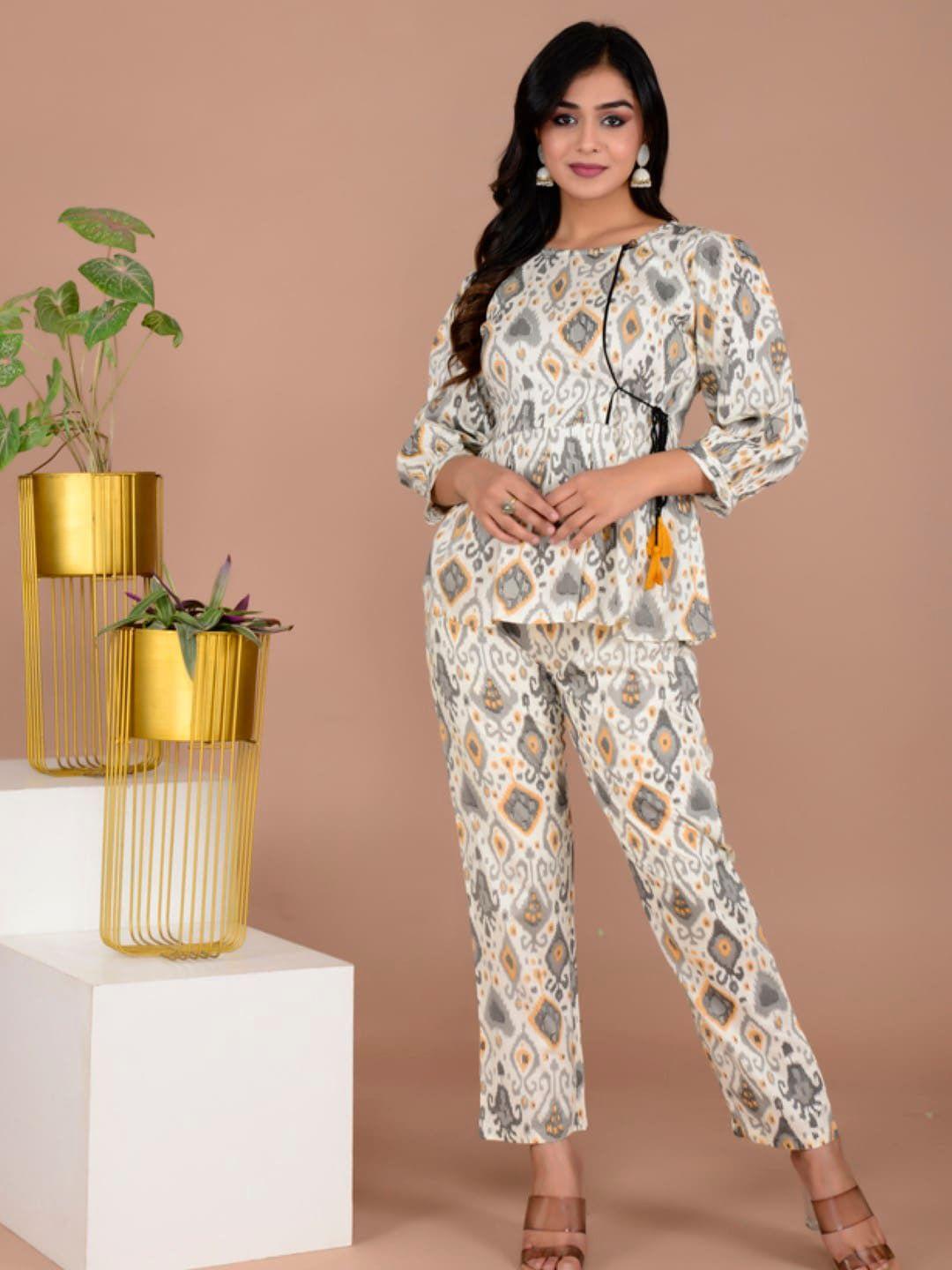 weavers saga ethnic motifs printed pure cotton peplum top with trousers