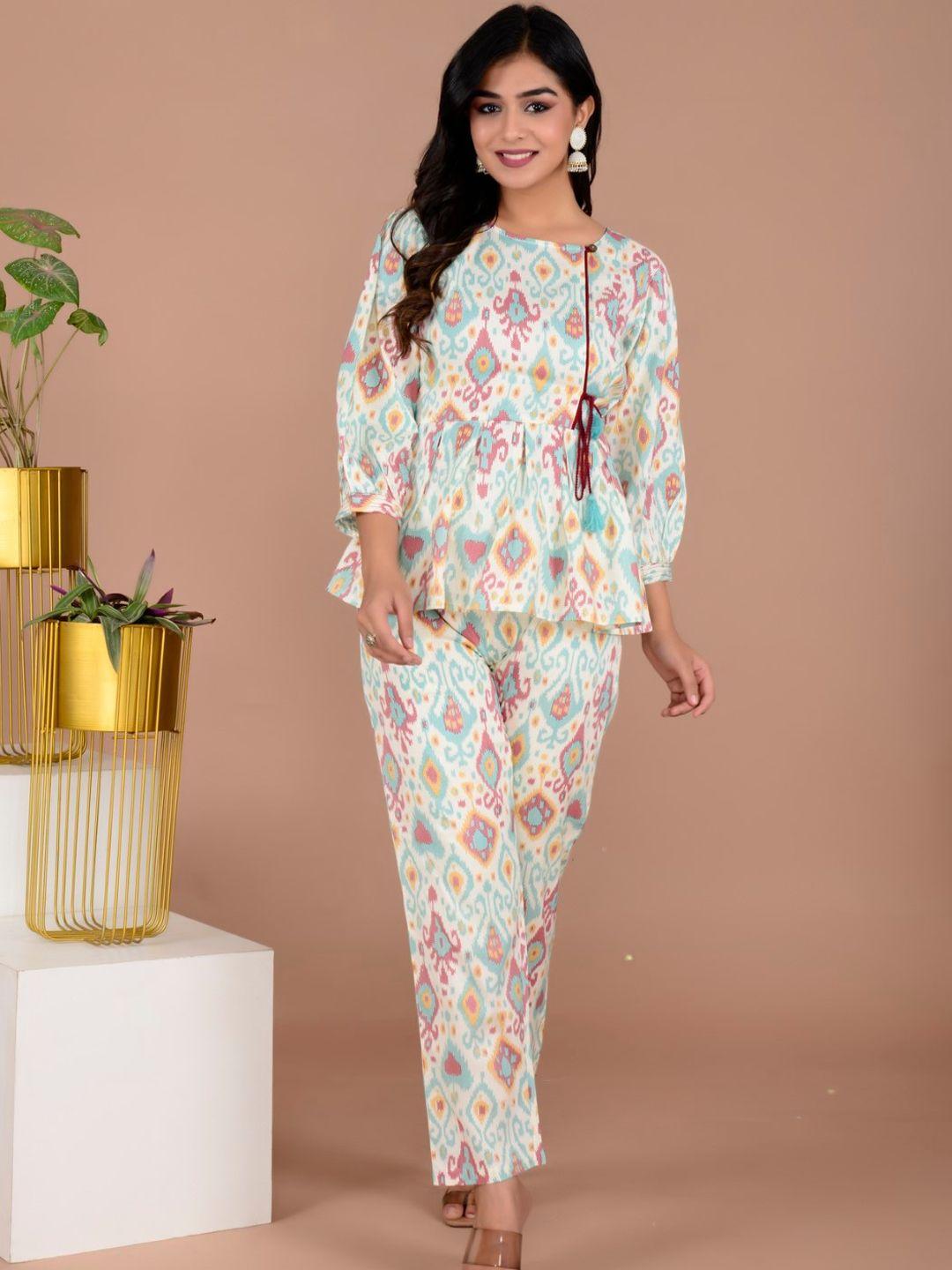 weavers saga ethnic motifs printed peplum pure cotton top with trousers