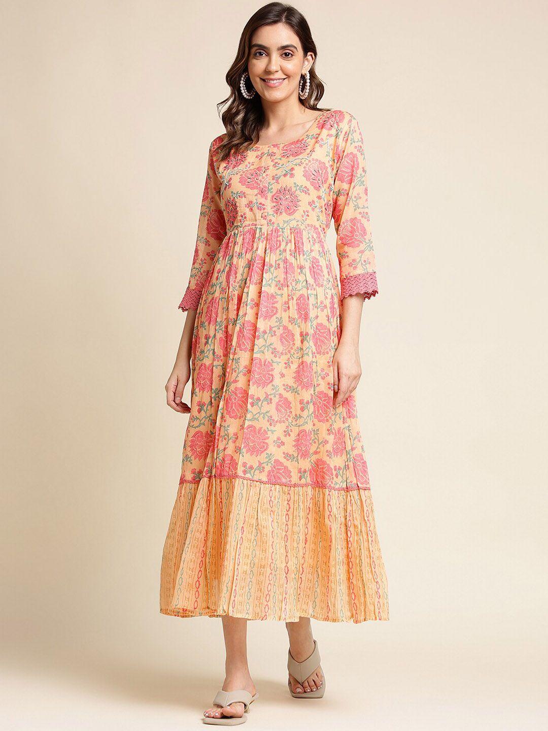 sangria floral printed embellished cotton fit & flare ethnic dress