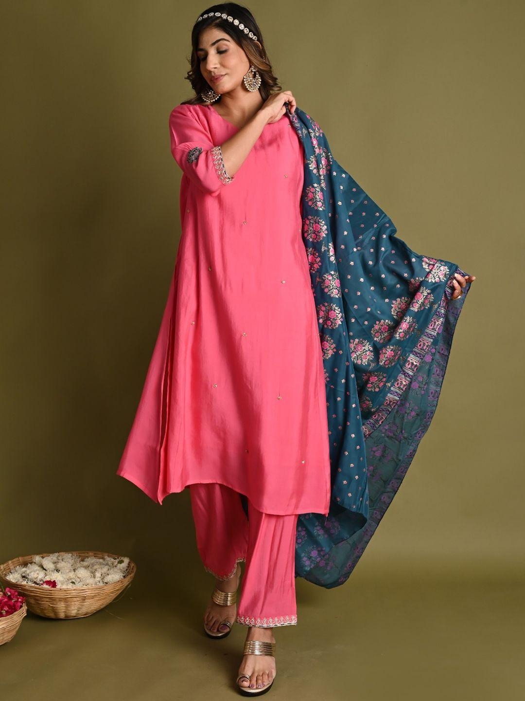 do dhaage women pink floral embroidered regular sequinned kurti with trousers & with dupatta