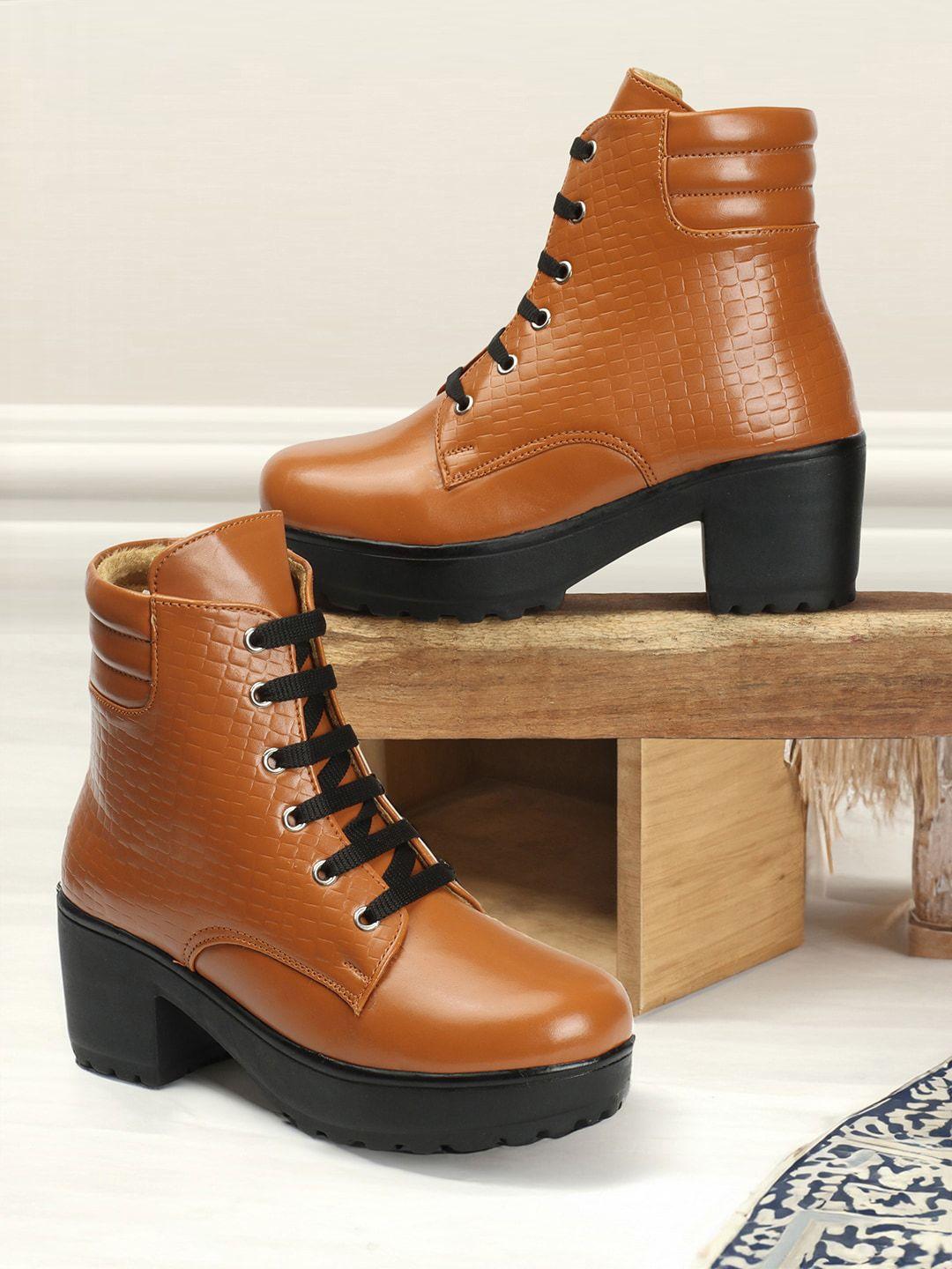 the roadster lifestyle co. women textured heeled mid-top chunky boots