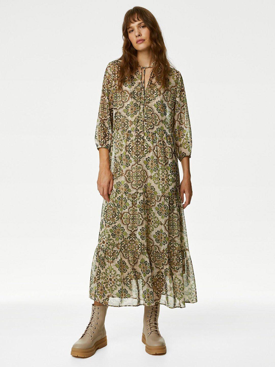 marks & spencer ethnic motifs printed tie-up neck a-line maxi dress