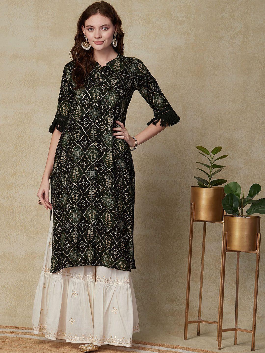 fashor ethnic motifs printed mandarin collar straight kurta