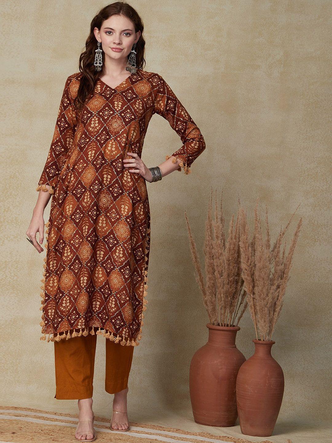 fashor ethnic motifs printed v-neck straight kurta