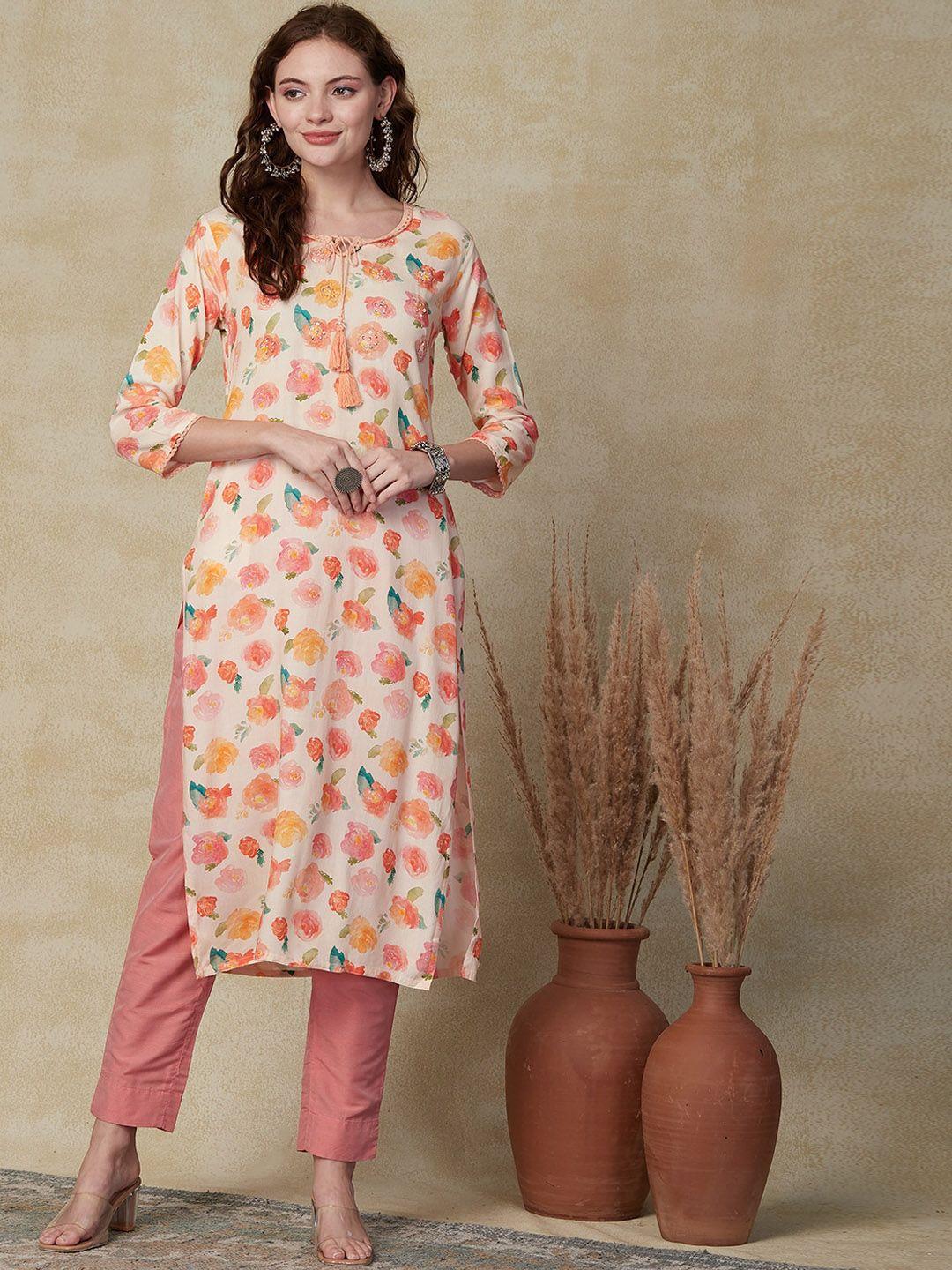 fashor floral printed tie-up neck straight kurta