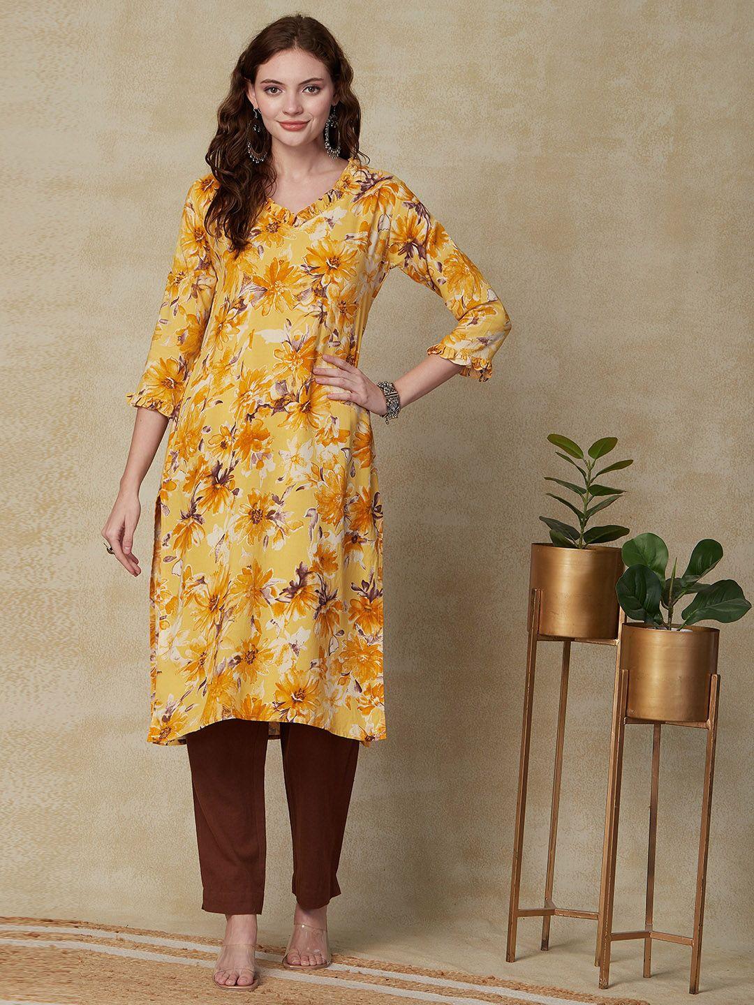 fashor floral printed v-neck straight kurta