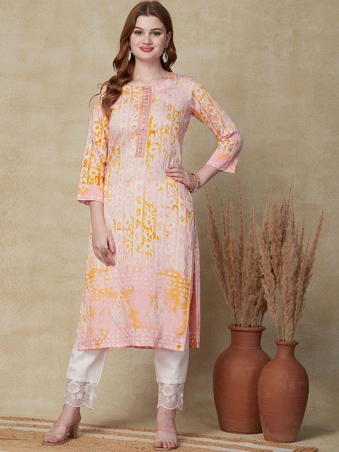 fashor floral printed thread work detail straight kurta