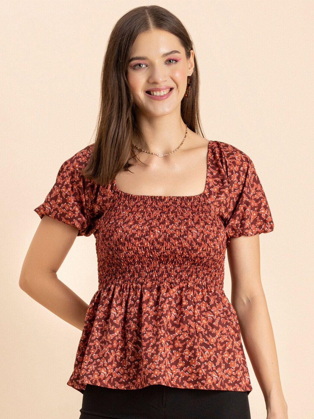 moomaya brown floral print crepe empire top