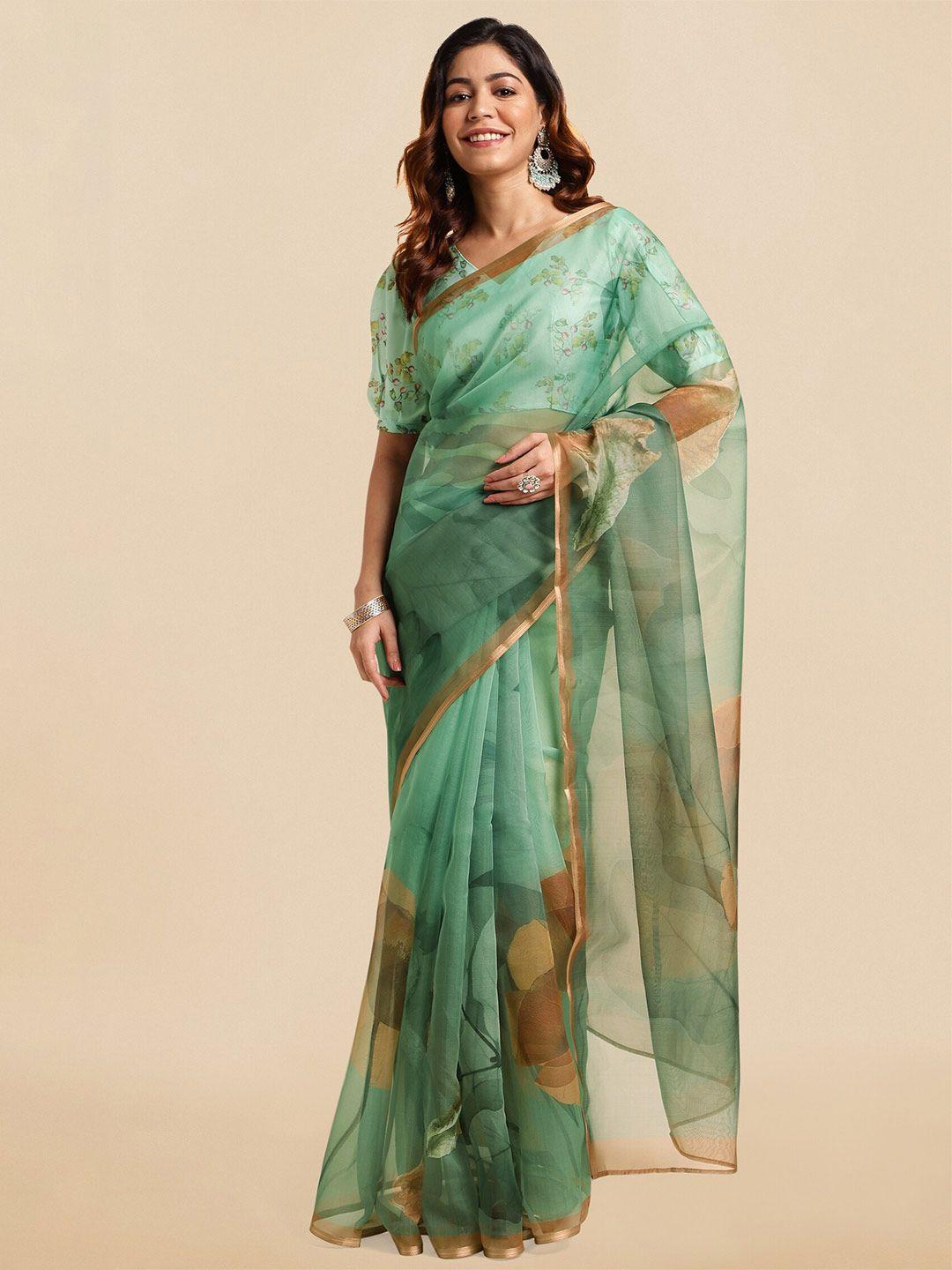 mirchi fashion floral printed zari detailed organza saree