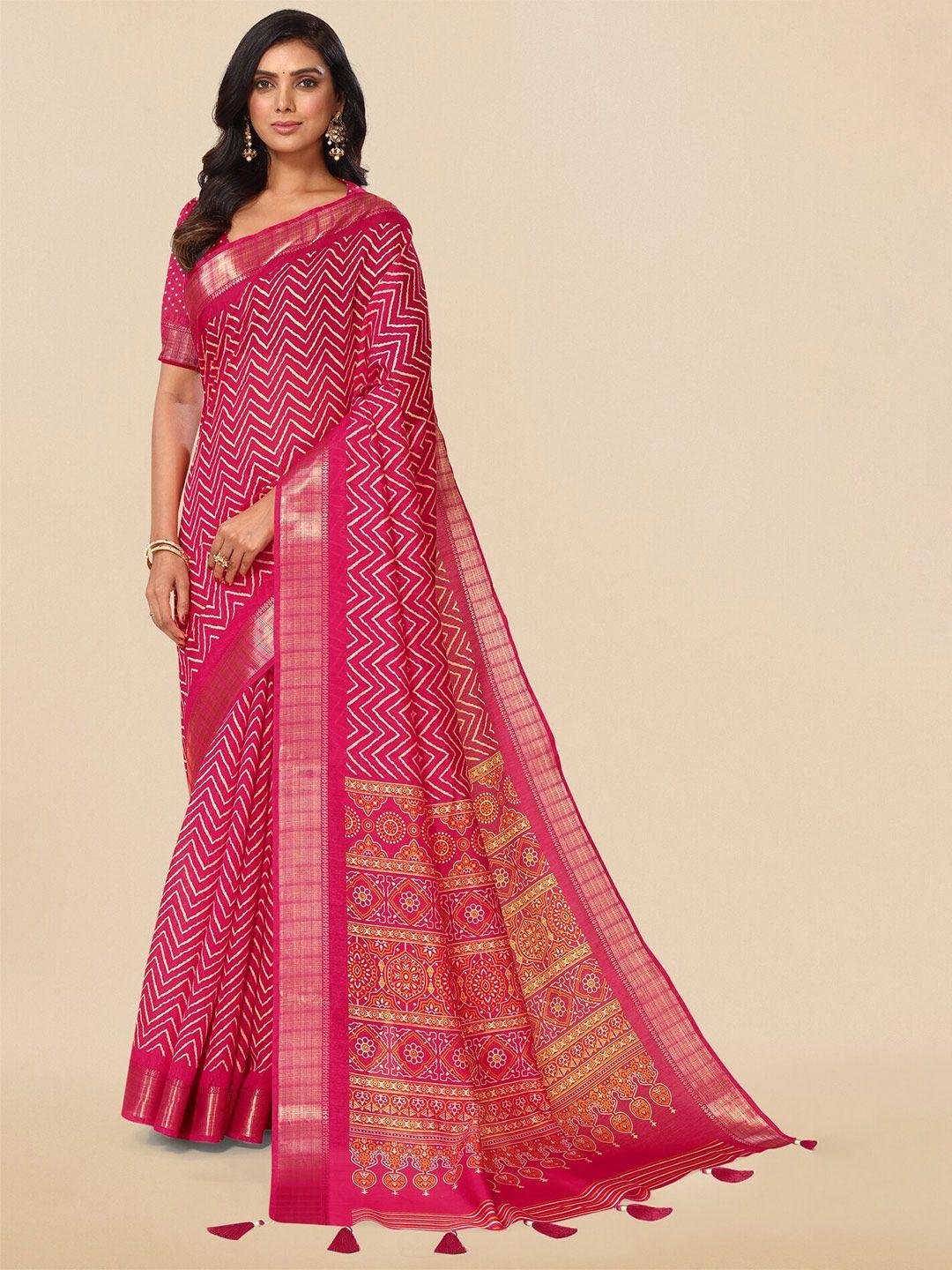 mirchi fashion pink & white geometric printed zari saree