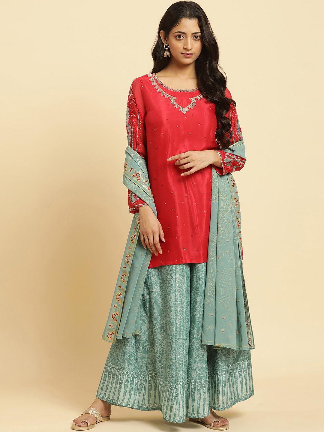 wishful ethnic motifs embroidered sequinned kurta with sharara & dupatta