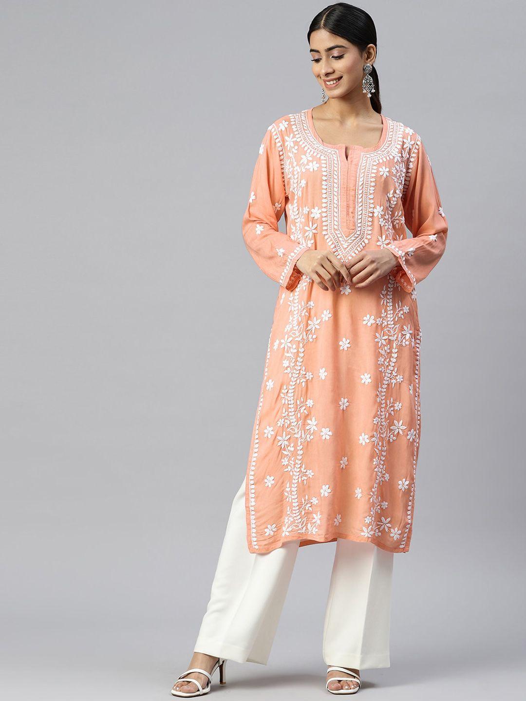 paramount chikan women peach-coloured floral printed chikankari floral kurta