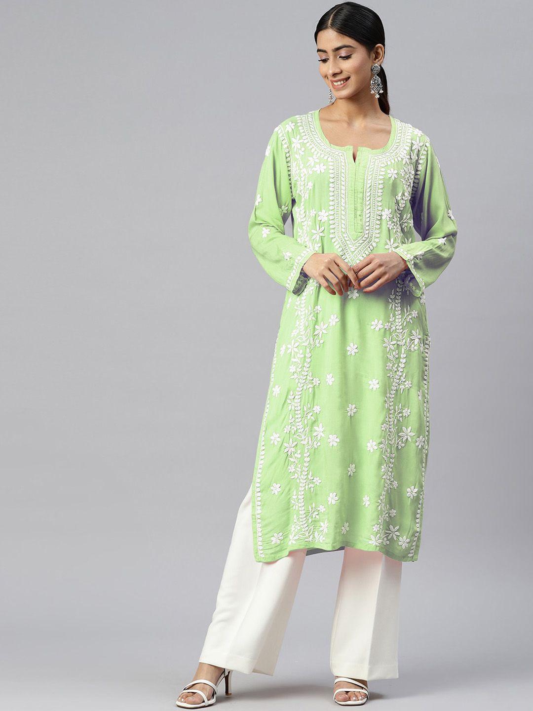 paramount chikan women fluorescent green quirky printed flared sleeves chikankari floral kurta