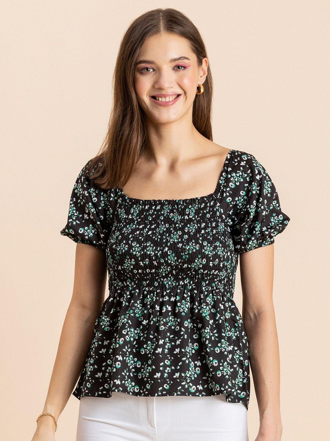 moomaya black floral print crepe cinched waist top