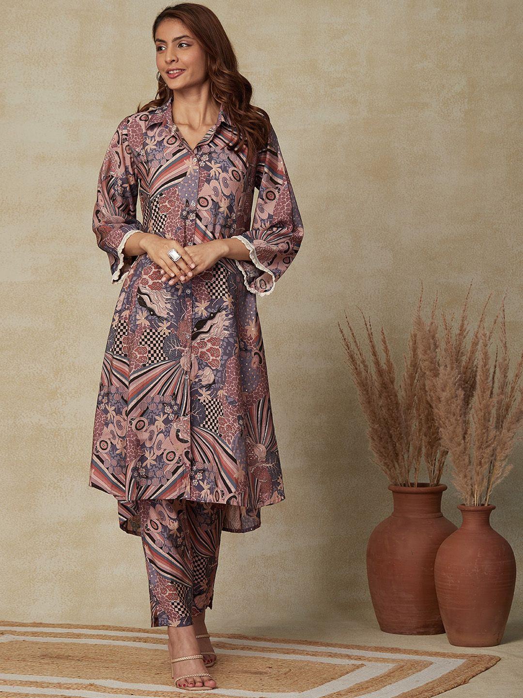 fashor geometric printed shirt collar foil  a-line kurta & trousers