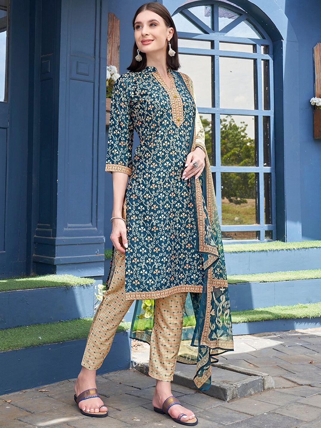 anouk ethnic motifs printed straight kurta with trousers & dupatta