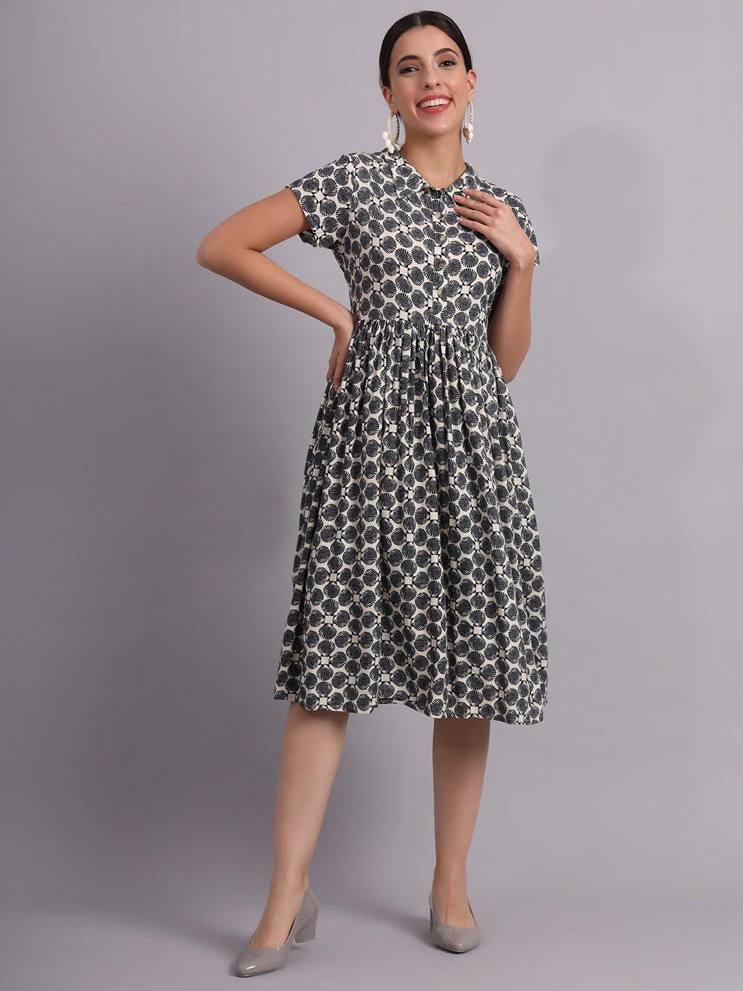 deckedup geometric printed fit & flare midi dress