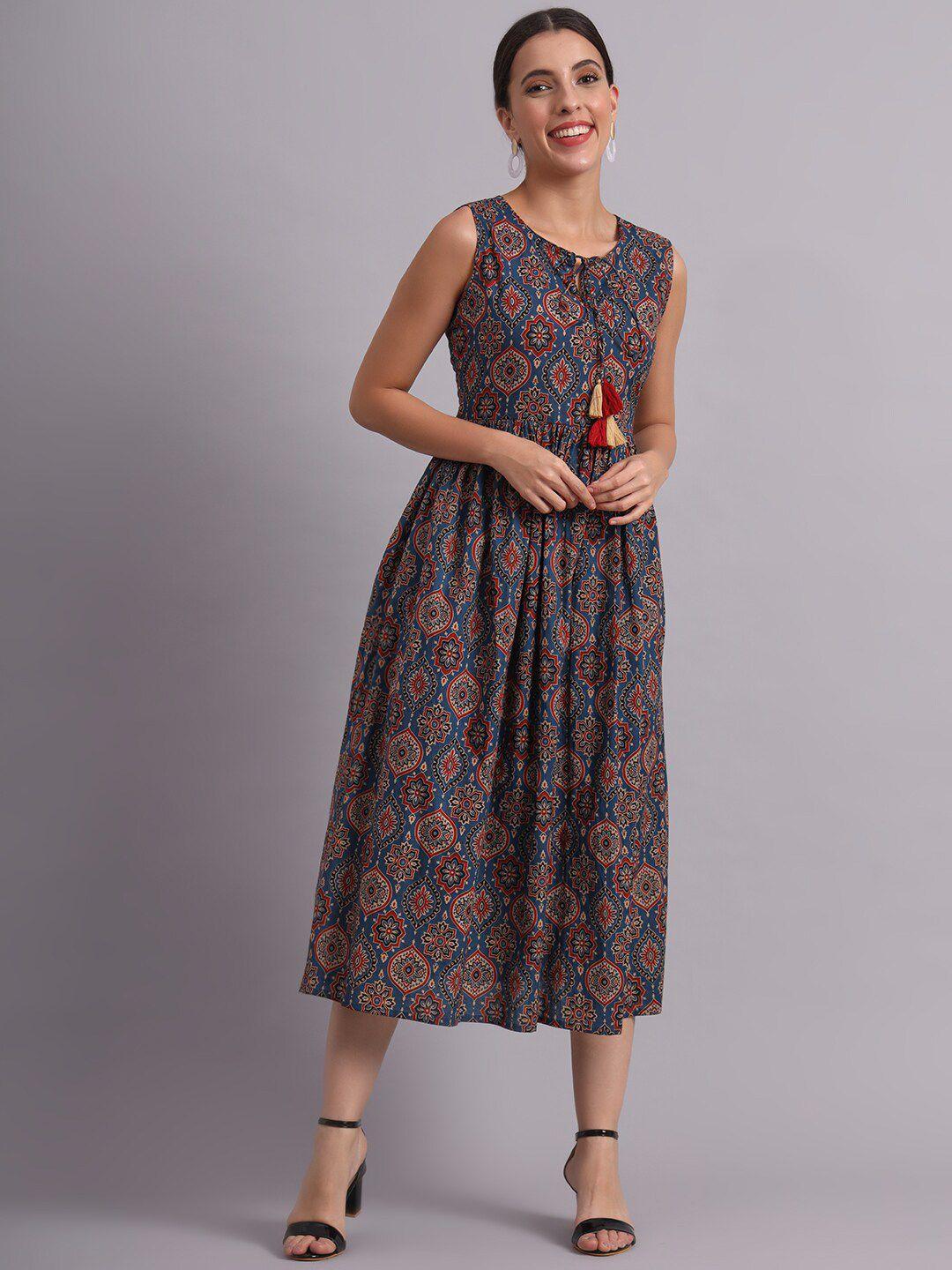 deckedup ethnic printed sleeveless gathered cotton fit & flare midi dress