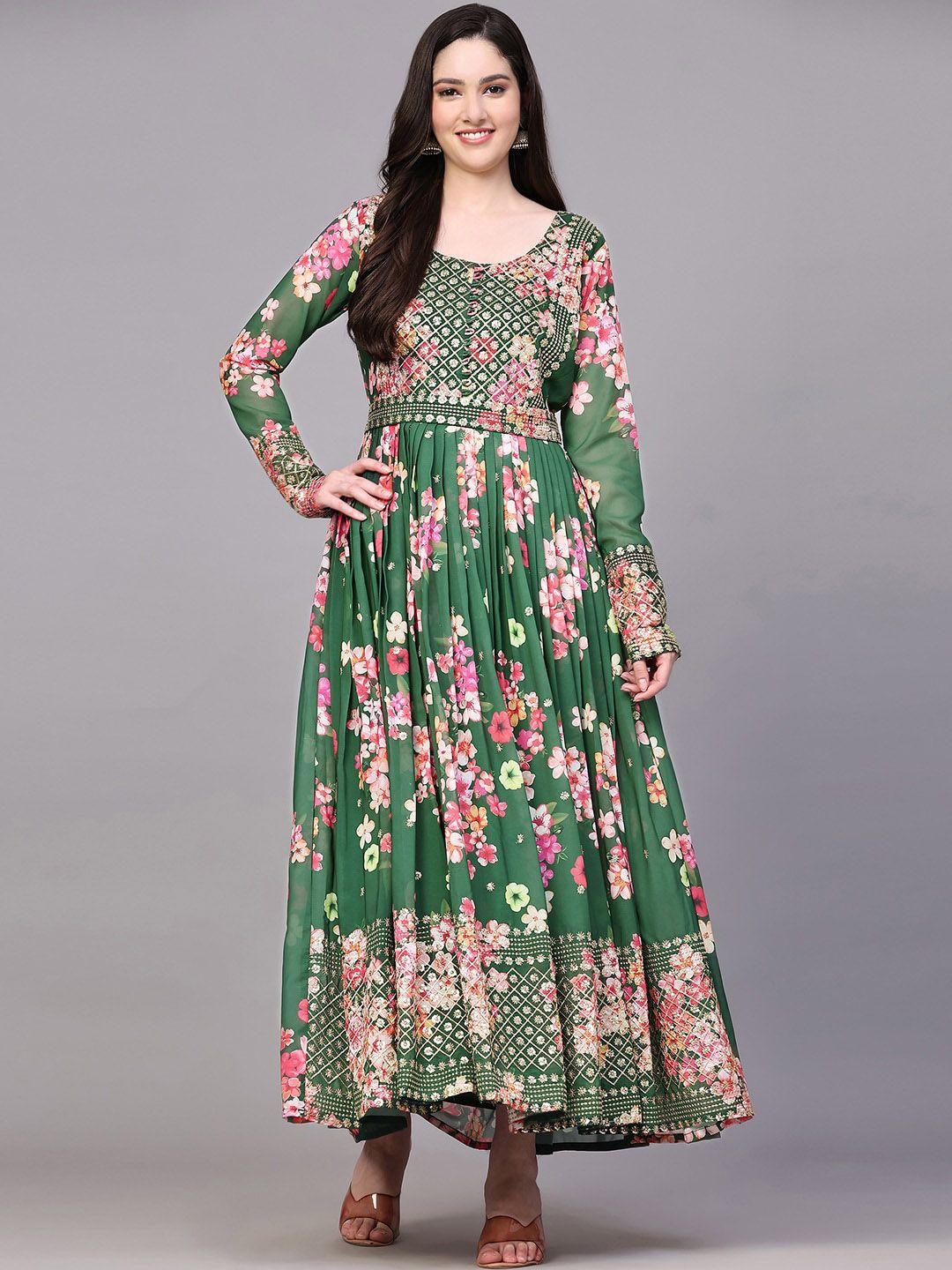 kalini floral printed embellished pleated georgette fit & flare maxi ethnic dress