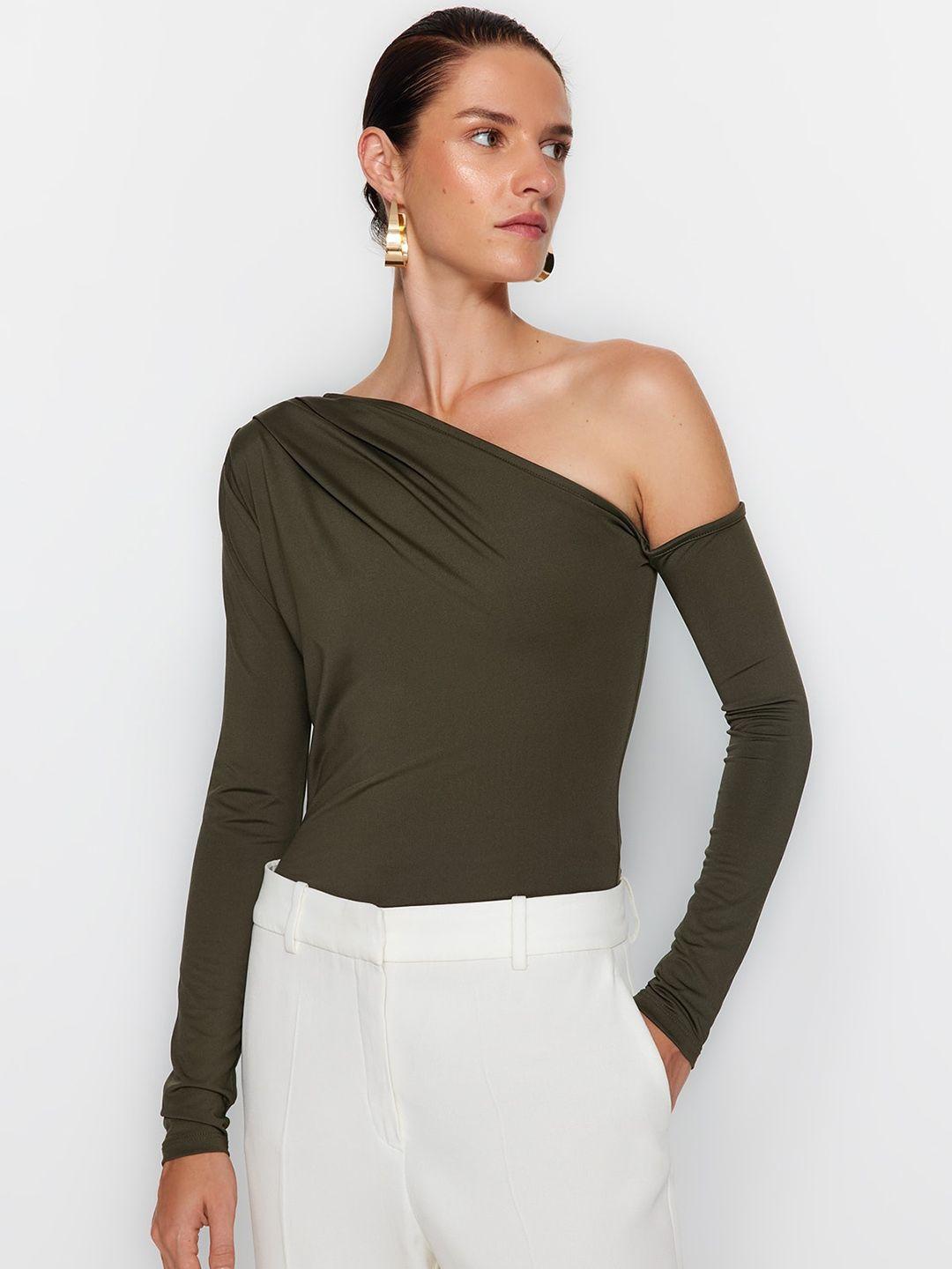 trendyol khaki self-design one shoulder bodysuit