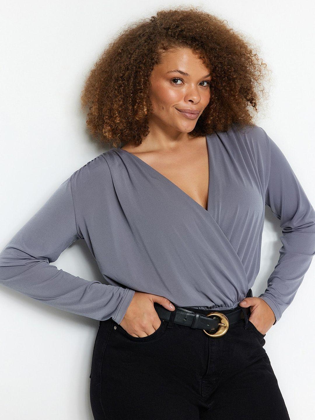 trendyol plus size v-neck gathered details bodysuit