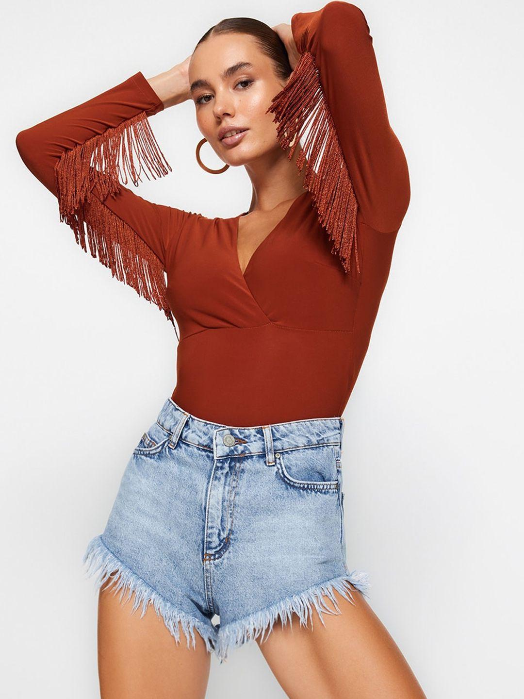 trendyol v-neck long sleeves fringe detailed bodysuit