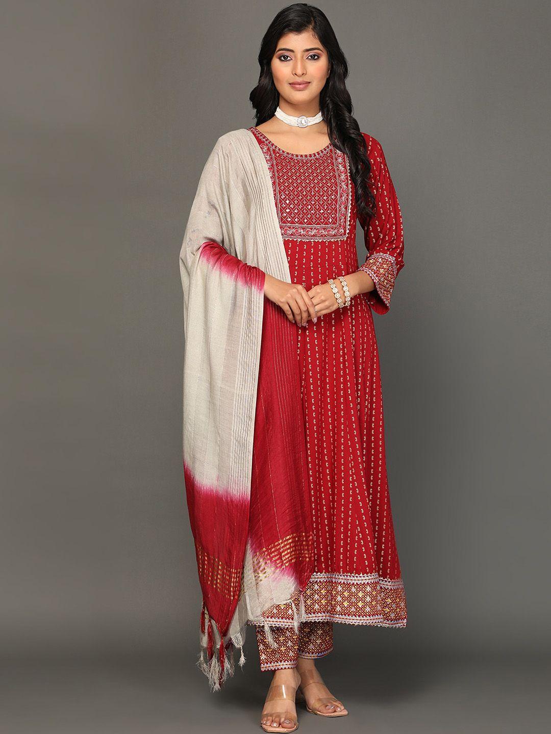 kalini women red ethnic motifs printed regular thread work kurta with trousers & with dupatta