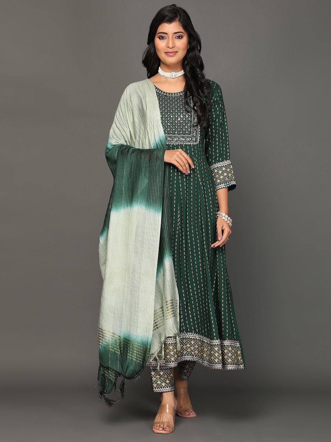 kalini women green ethnic motifs yoke design regular thread work kurta with trousers & with dupatta