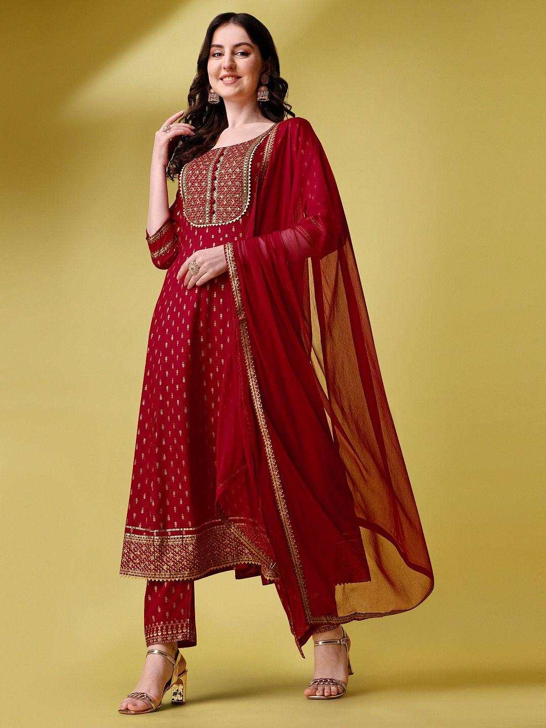 kalini women red ethnic motifs printed regular kurta with trousers & with dupatta