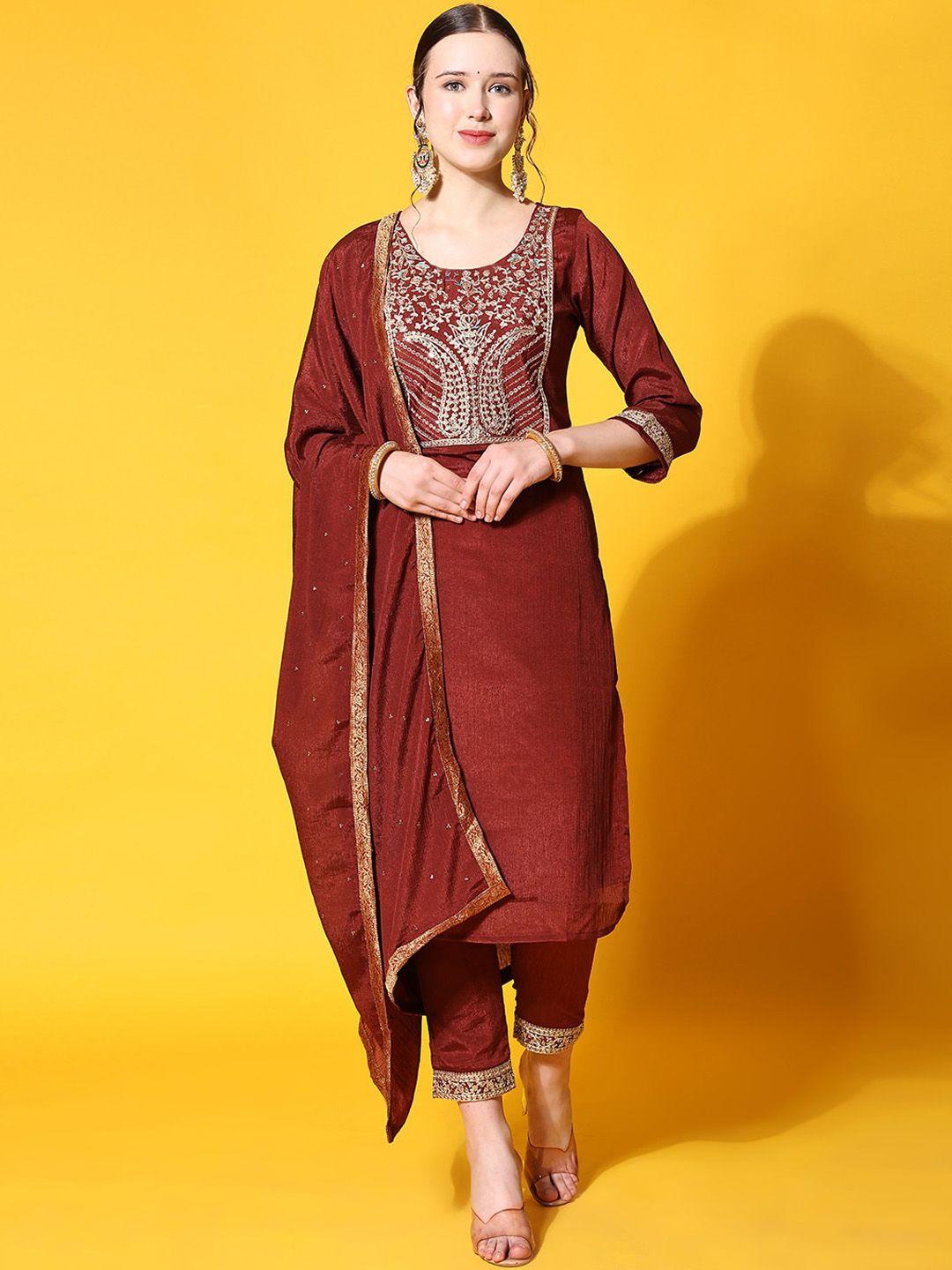 kalini women maroon paisley yoke design regular pure silk kurta with trousers & with dupatta