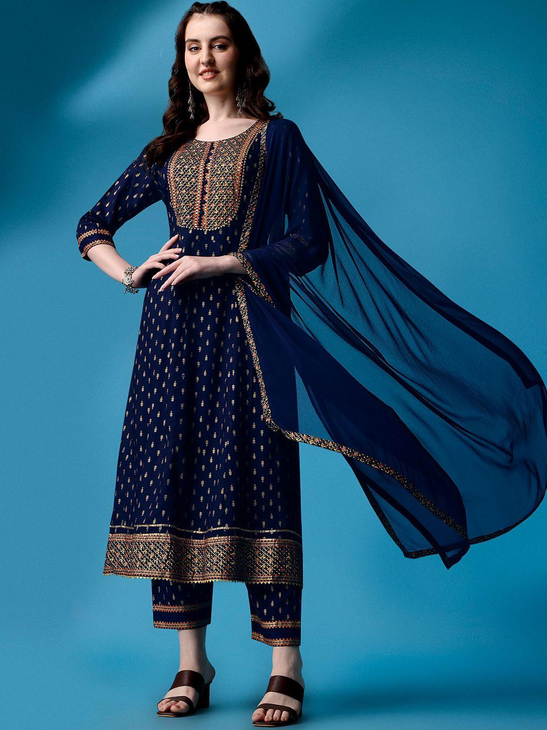 kalini women blue ethnic motifs embroidered regular thread work kurta with trousers & with dupatta