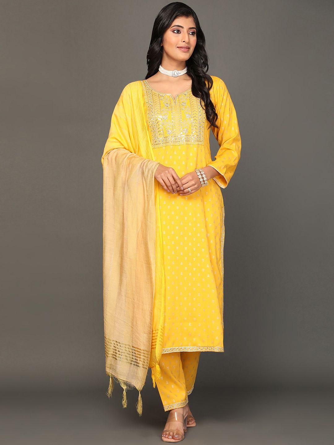 kalini women yellow ethnic motifs printed regular thread work kurta with trousers & with dupatta