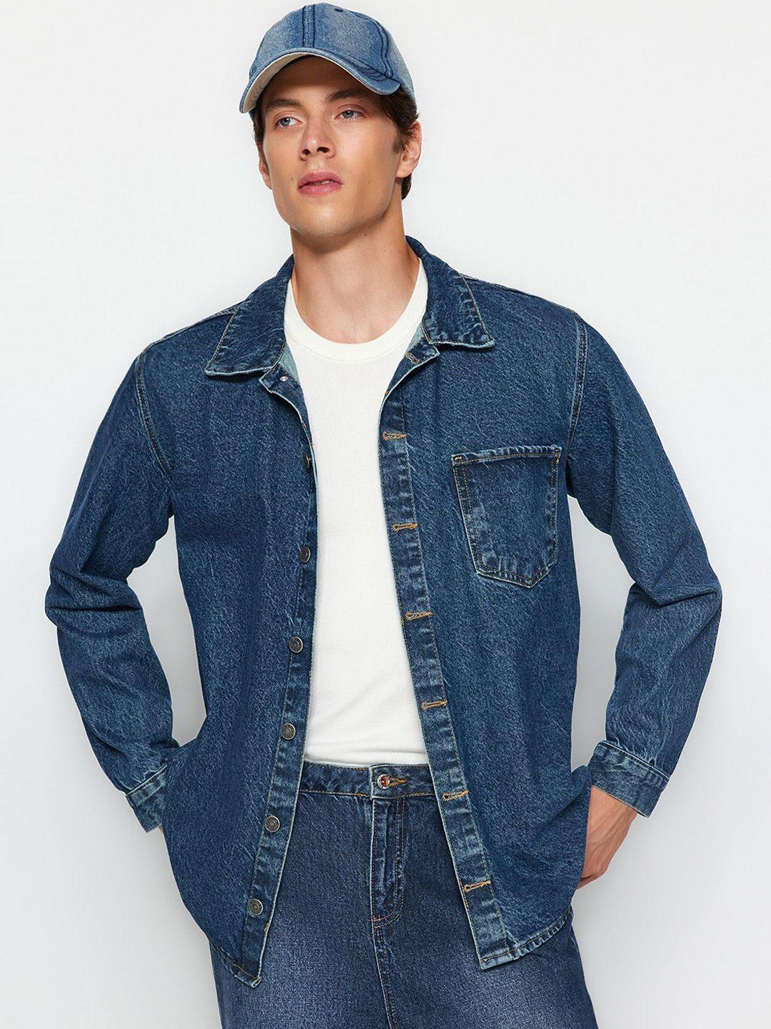 trendyol washed spread collar cotton denim jacket