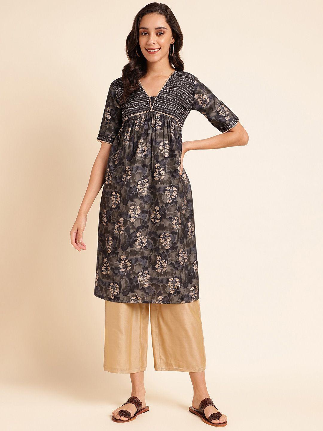 kalini floral printed v-neck gotta patti chanderi silk straight kurta