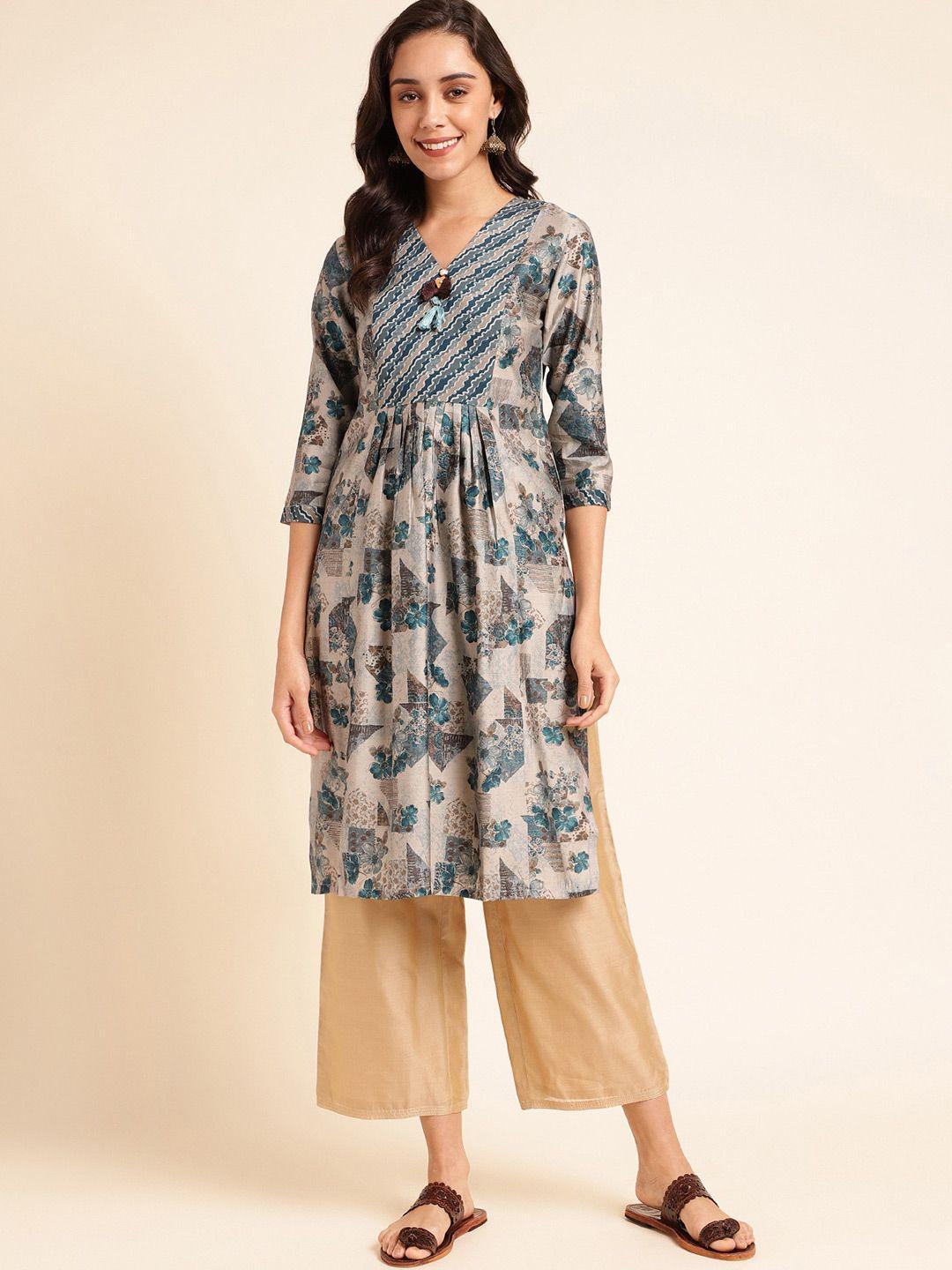 kalini floral printed chanderi silk a line kurta