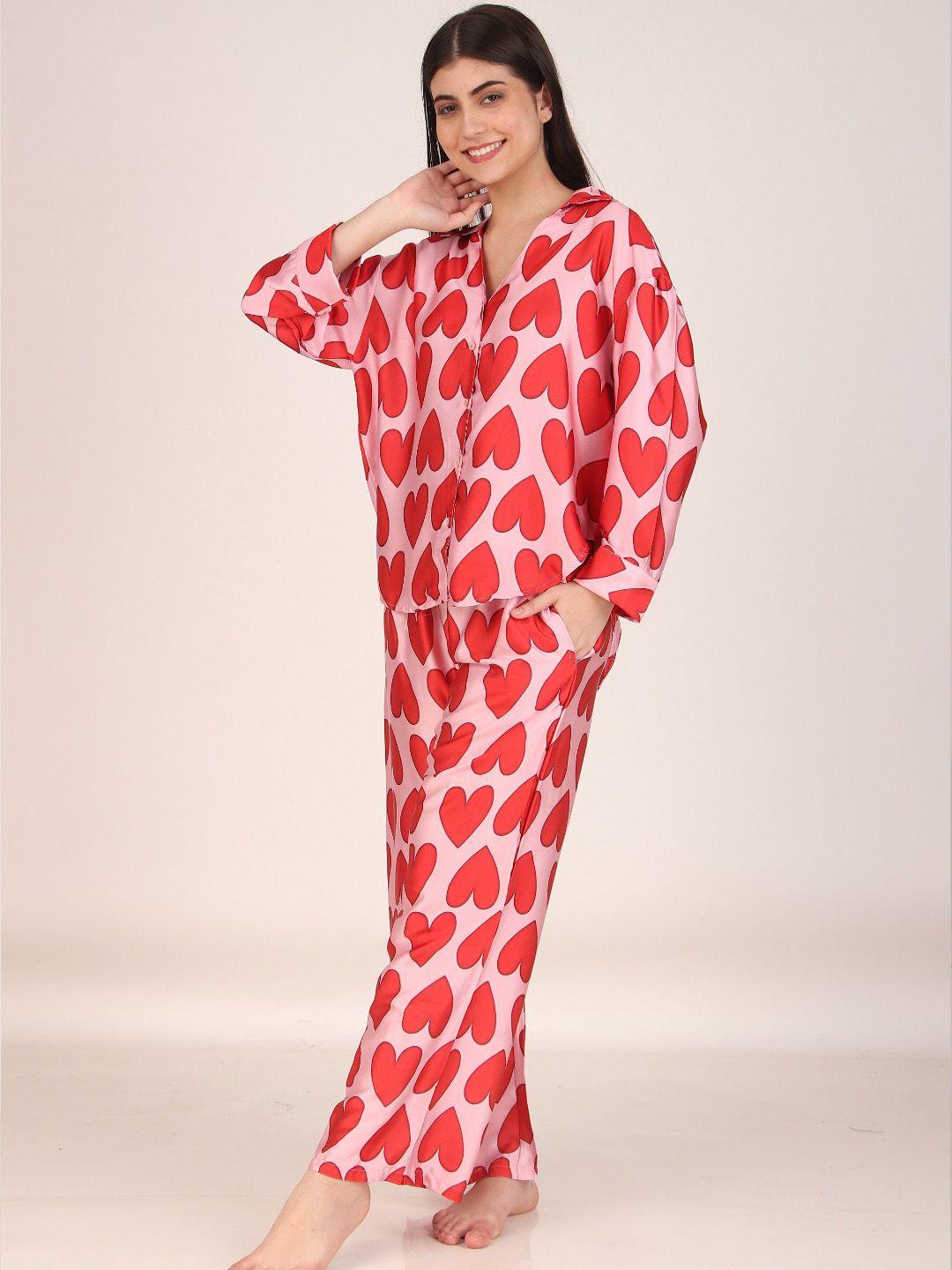 masha conversational printed shirt collar long sleeves satin oversized shirt & pyjamas