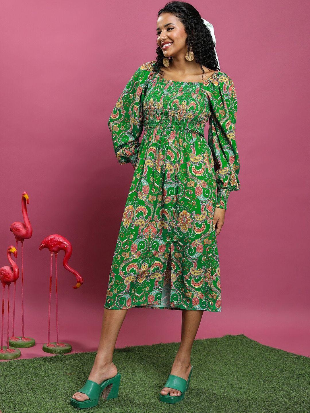 tokyo talkies ethnic motifs printed puff sleeve smocked a-line dress